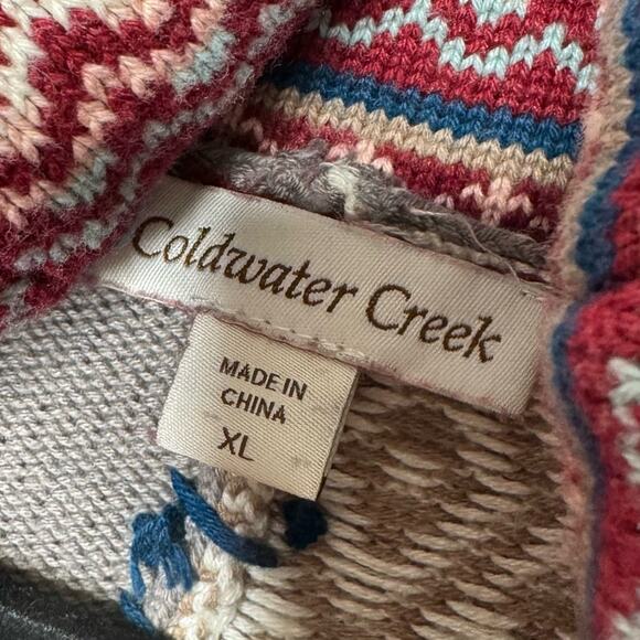 COLDWATER CREEK / red blue tan mixed media abstract patchwork sweater / XL - Picture 5 of 8